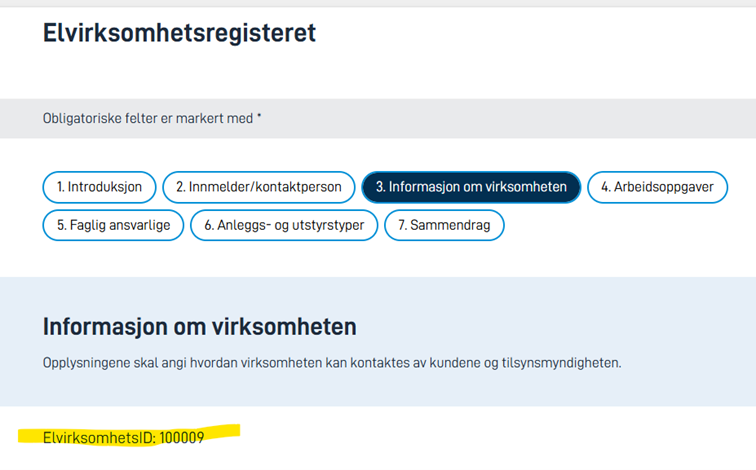 Skjermbilde fra Elvirksomhetsregisteret med informasjon om virksomheten