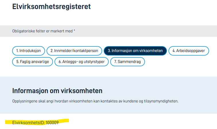 Skjermbilde fra Elvirksomhetsregisteret med informasjon om virksomheten