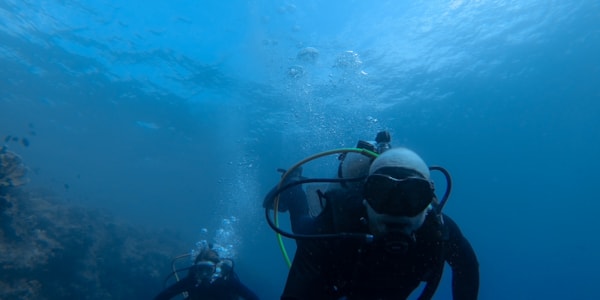 To dykkere med dykkerdrakt og maske i blått hav