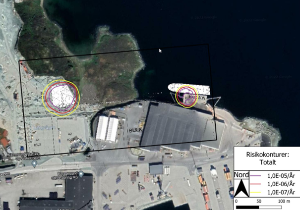 Oversiktskart med fargede streker som markerer risikokonturer