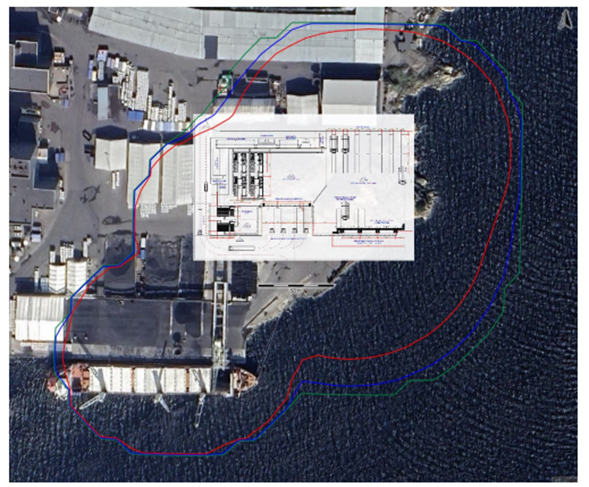 Risikokonturer markert med fargede linjer i oversiktskart.