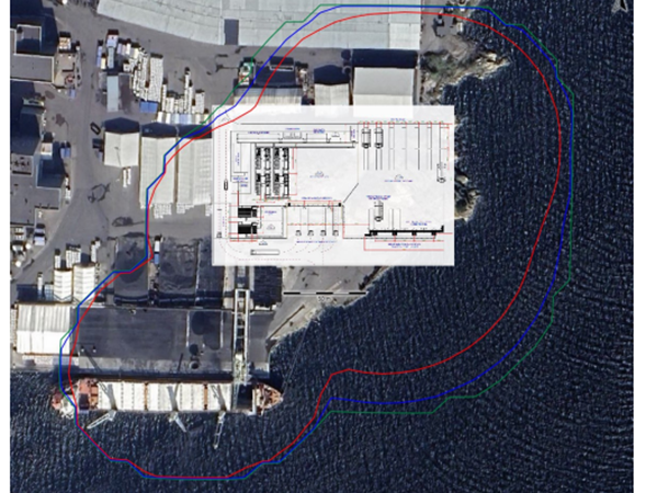 Risikokonturer markert med fargede linjer i oversiktskart.