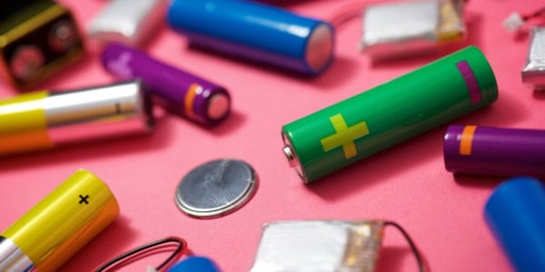 Ulike typer batterier på rosa bakgrunn, inkludert AA-batterier, knappcellebatteri og oppladbare batterier