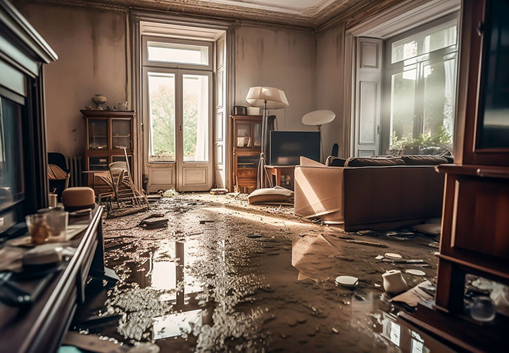 A home has been hit by flooding. There is water and mud on the floor.