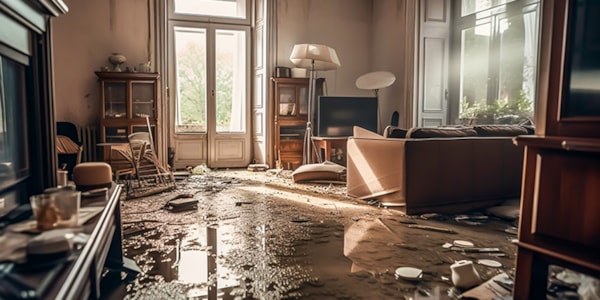 En bolig er rammet av flom. Det er vann og søle på gulvet.