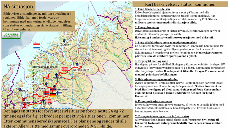 Eksempel på rapportering bestående av kart med markeringer og en punktliste med tekst som gir korte beskrivelser av hendelser og status. 