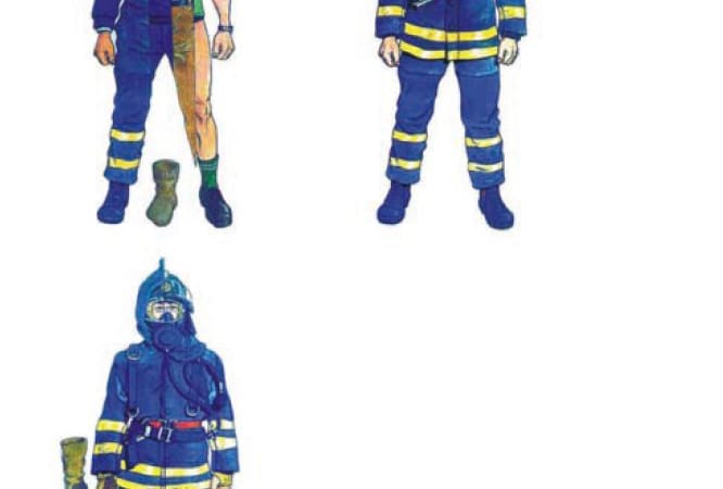 Brannmenn med tverrsnitt av bekledning som viser flere lag