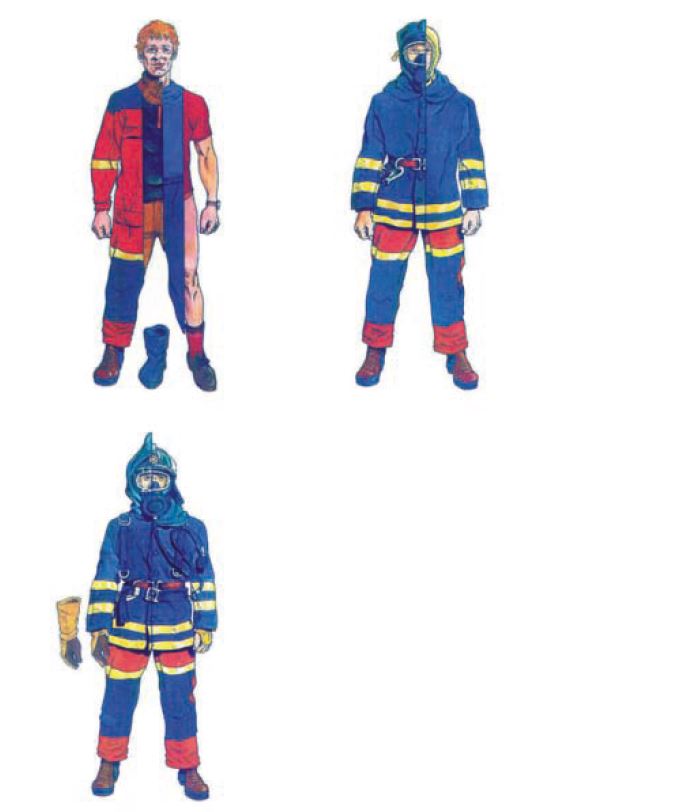 Brannmenn med tverrsnitt av bekledning som viser lagvis bekledning