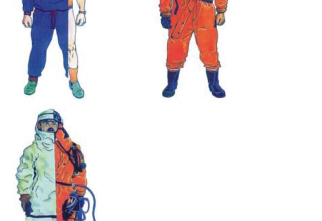 Illustrasjon av lagvis bekledning av kjemikaliedykker