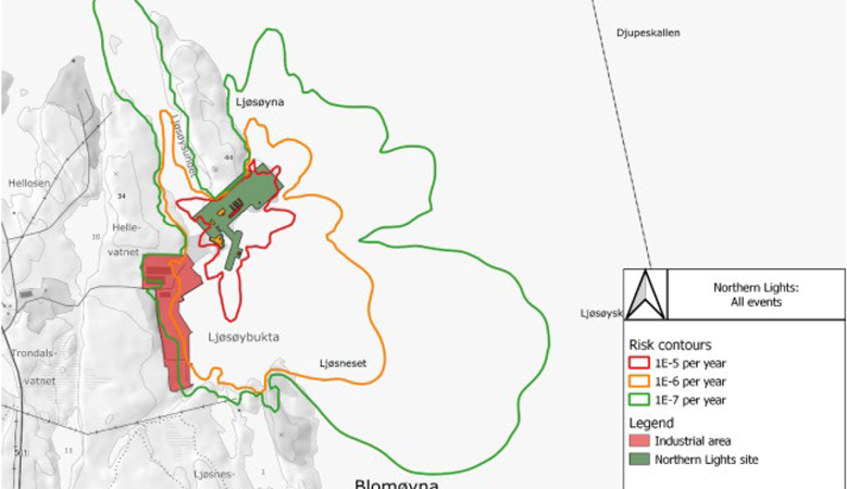 Risikokonturer markert med ulike farger på et kart