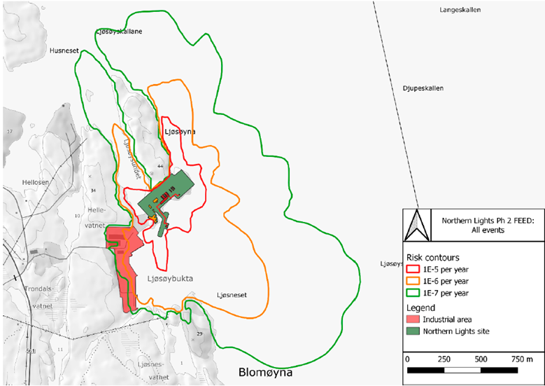 Risikokonturer markert i kart, etter oms&oslash;kt utvidelse
