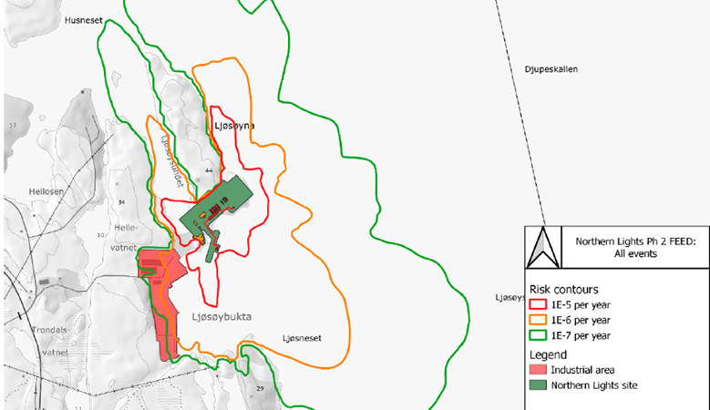 Risikokonturer markert i kart, etter omsøkt utvidelse