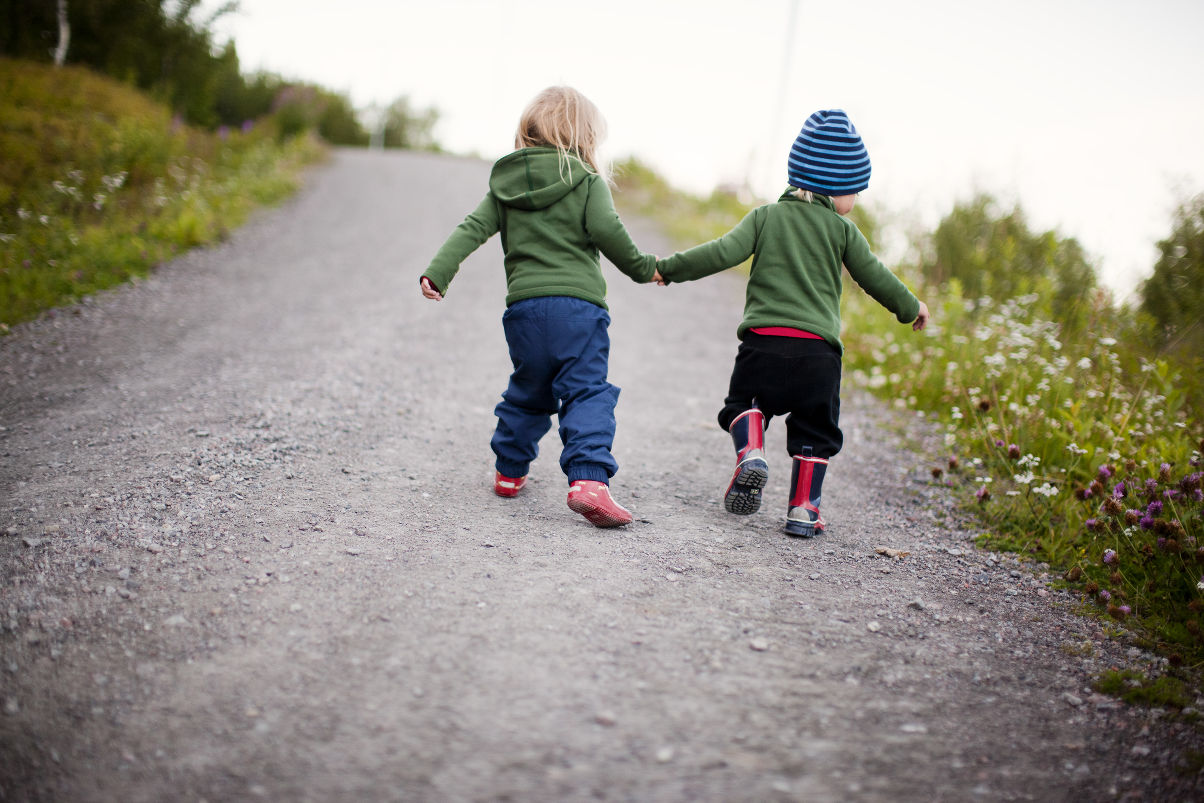 Two small children holding hands while walking on a dirt road