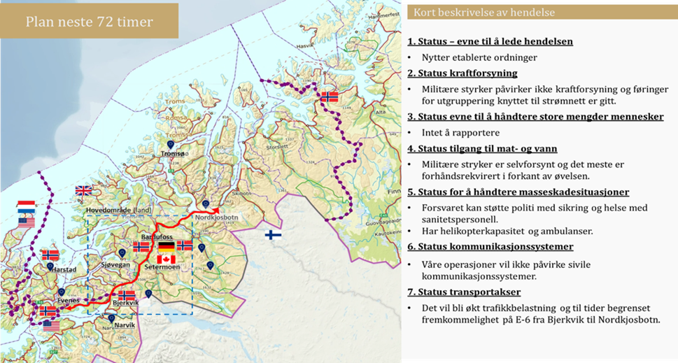 Eksempel på rapportering bestående av kart med markeringer og en punktliste med tekst som gir korte beskrivelser av hendelser og status. 