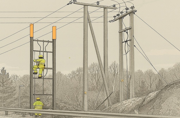 Bilde av to personer som arbeider p&aring; et elektrisk forsyningsanlegg