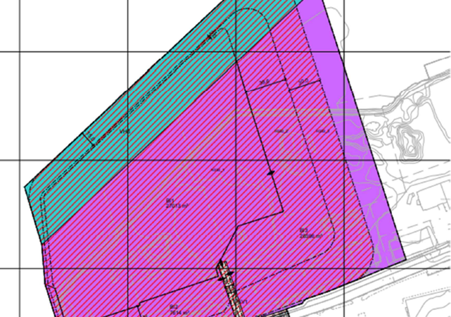Figur 2: Reguleringsplan for hydrogenanlegg Langstranda (planID 2021011). Den innerste, midterste og ytterste konturen på det skraverte området avgrenser henholdsvis indre (H350_1), midtre (H350_2) og ytre (H350_3) hensynssone.