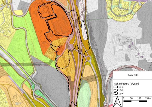 Kart med ulike farger og linjer som markerer risikokonturer 