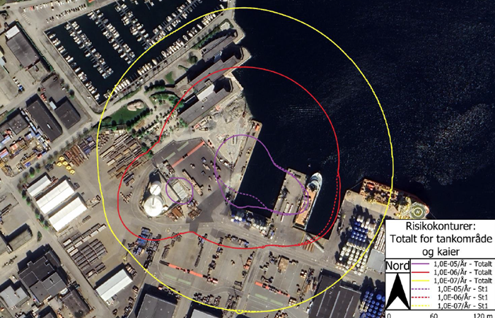 Flyfoto med samlede risikokonturer markert med gule, røde og lilla streker