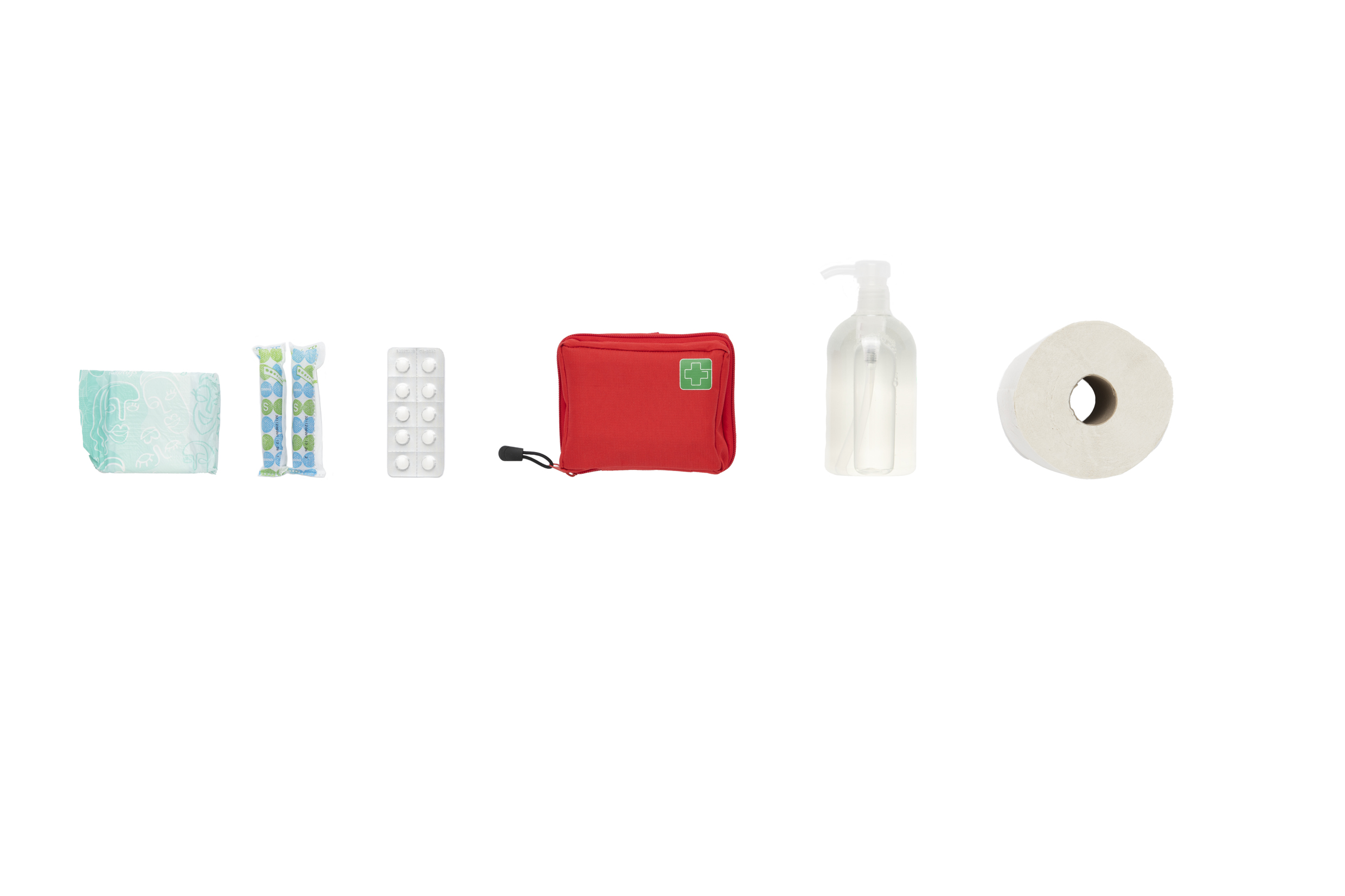 Toilet paper, hand sanitizer, first aid kit and sanitary products on a white background.