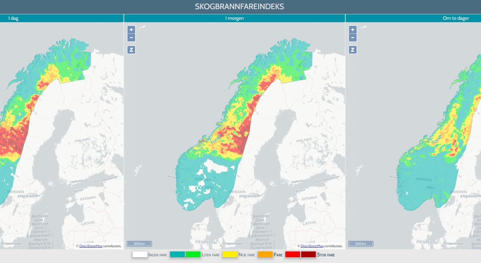 Skjermbilde av skogbrannfareindeksen som viser et kart over Norge med ulike fargemarkeringer