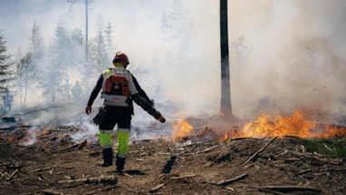 Brannmann som slokker åpne flammer i skogsterreng