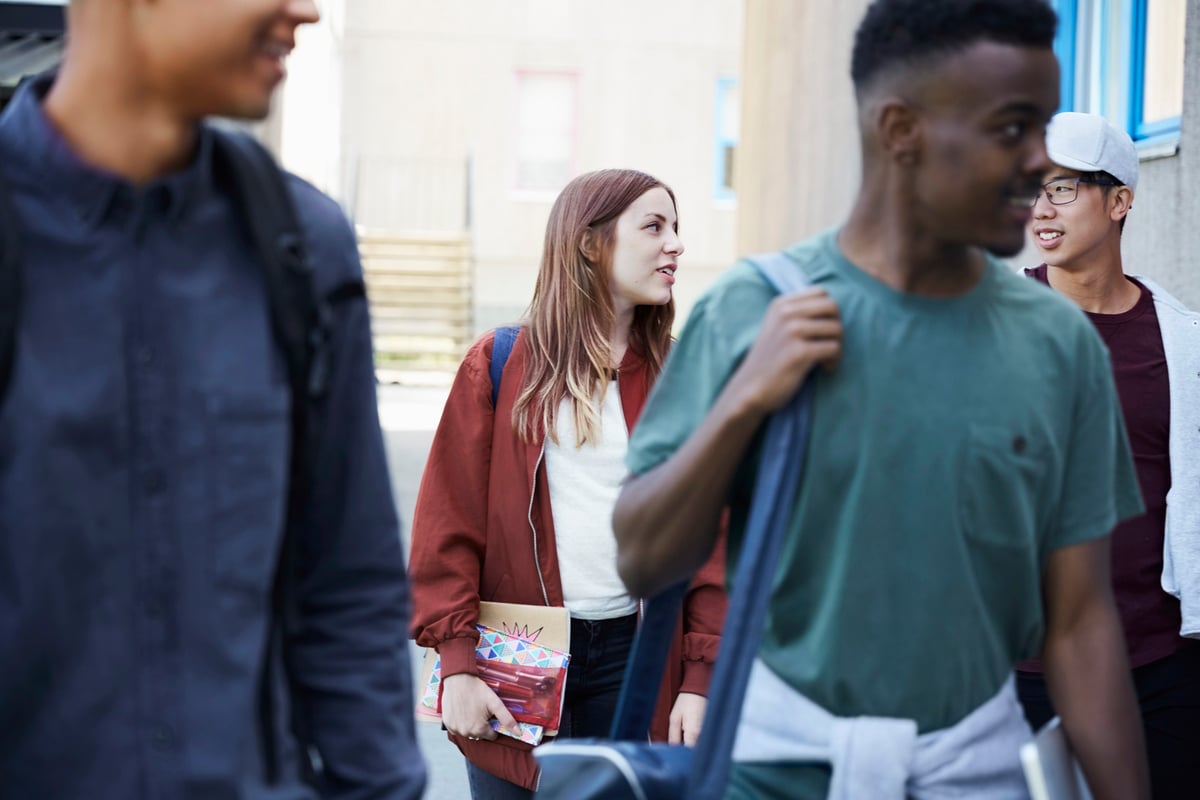 Gruppe ungdommer med ryggsekk som går utenfor skole