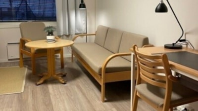 Rom med sofa og skrivebord